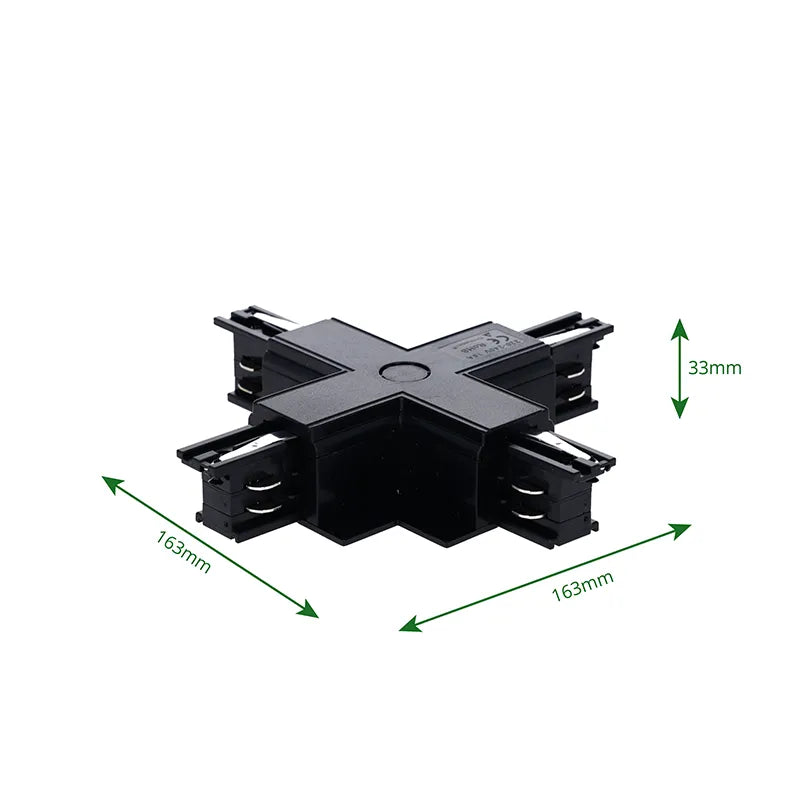 Inbouw 3-fase rail kruis-splitsing connector zwart met afmetingen
