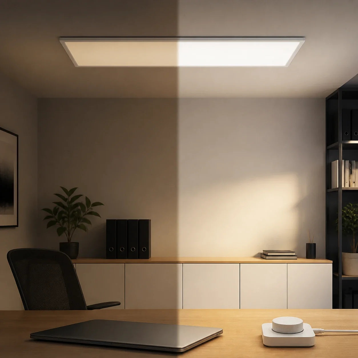 Dimbaar LED paneel met instelbare lichtsterkte, vergelijking van gedimd en niet gedimd
