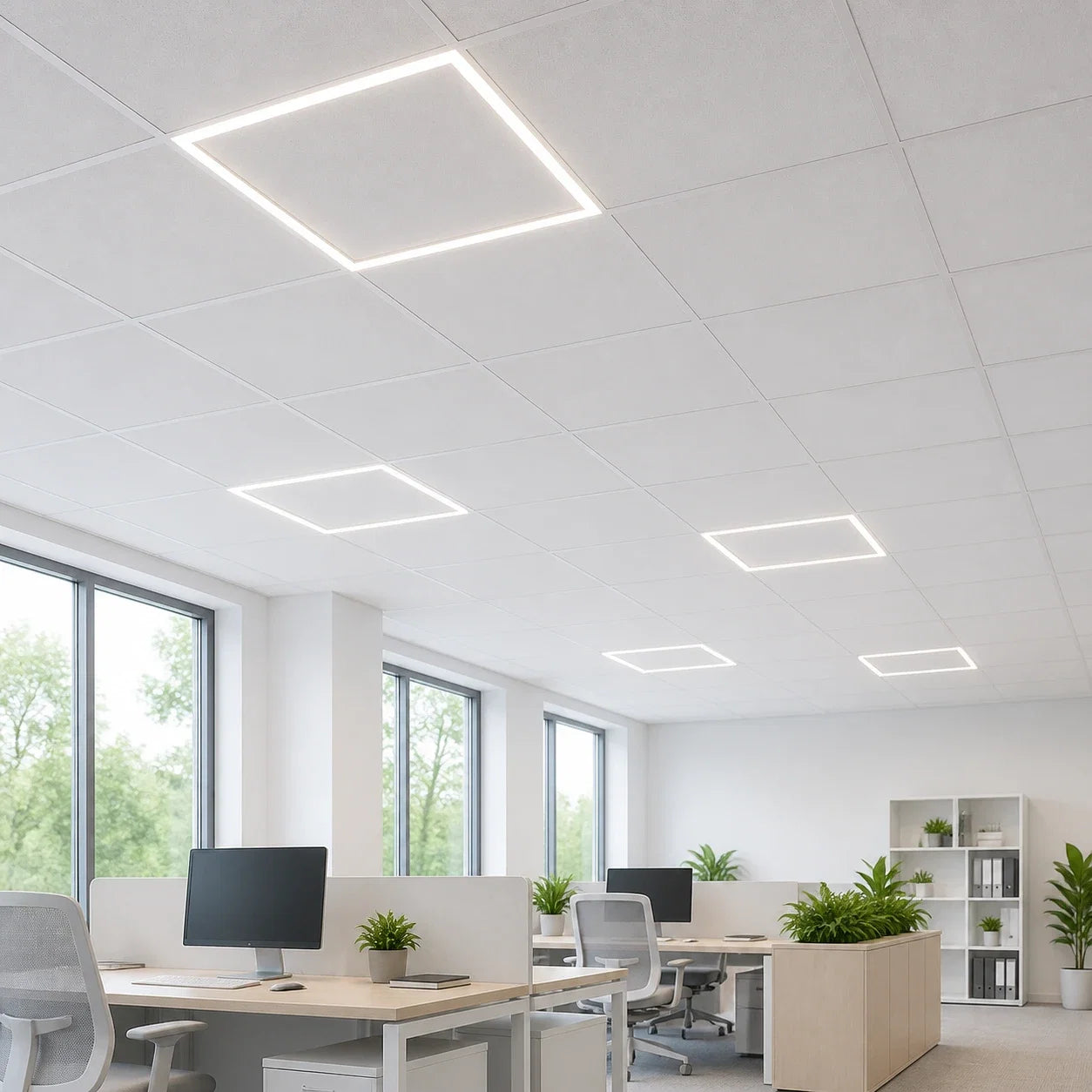Hollow LED paneel met open midden geinstalleerd in kantoor