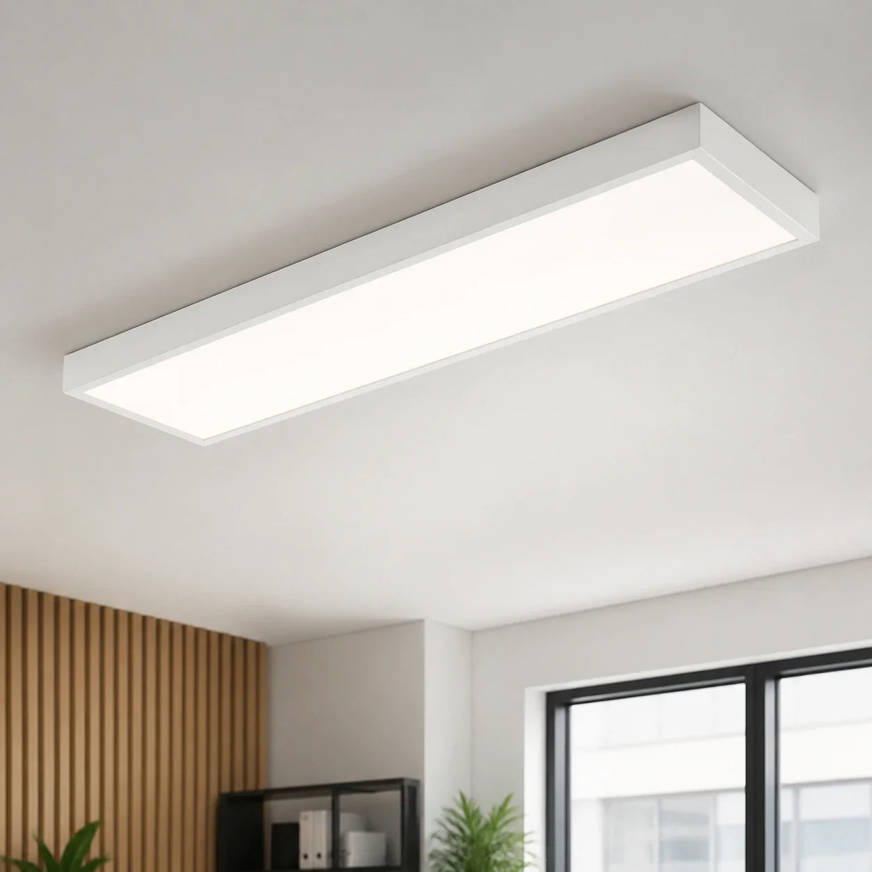 Opbouw LED paneel met opbouwframe gemonteerd tegen een plafond