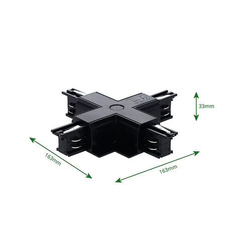 Inbouw 3-fase rail kruis-splitsing connector zwart met afmetingen