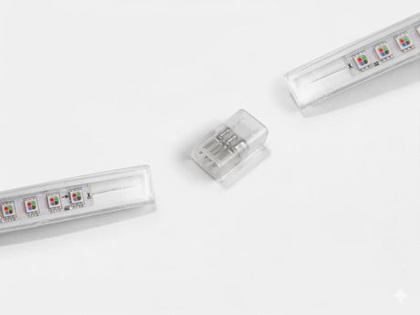 LED Strip 230V RGB koppelstuk 62mm 4-pin IP65, aansluiting en recht van voren (foto 2)